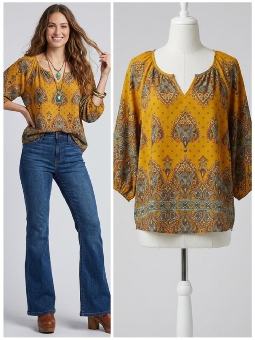 VERSE Mustard Yellow Paisley V-Neck Balloon Sleeve Boho Blouse Top Size Medium